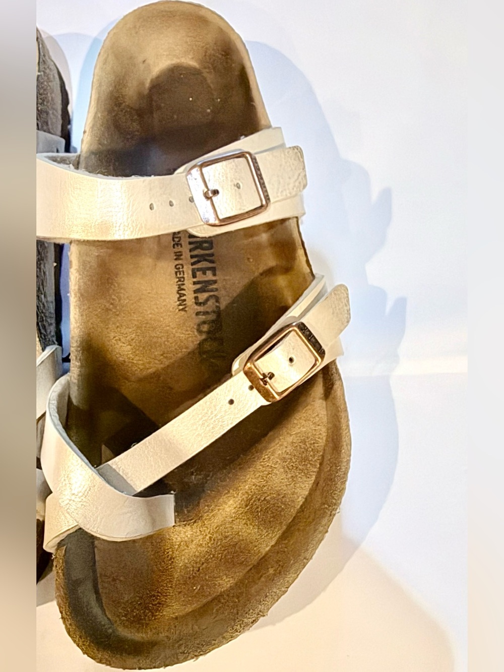 Birkenstock Metallic Cream Cross-Strap Sandals with Rose Gold Buckles - Picture 2 of 14